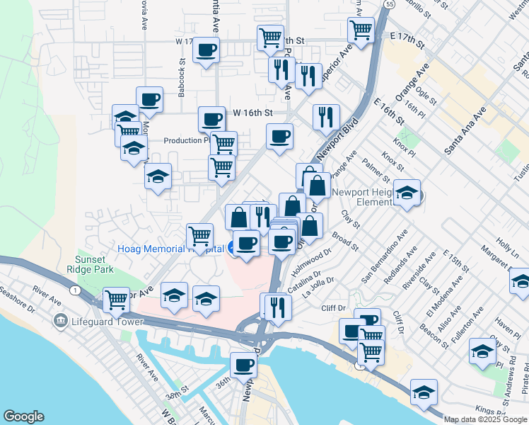 map of restaurants, bars, coffee shops, grocery stores, and more near 4000 Hilaria Way in Newport Beach