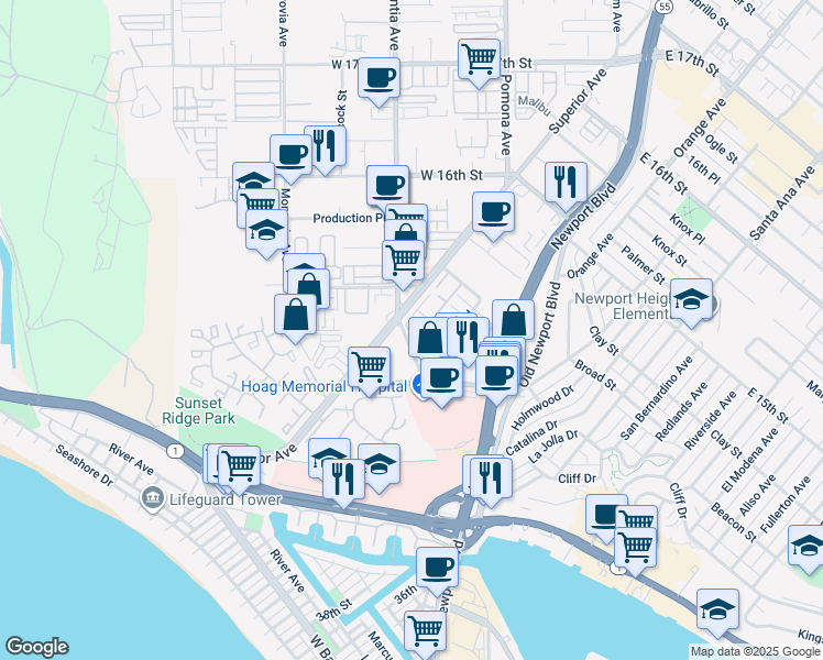 map of restaurants, bars, coffee shops, grocery stores, and more near in Newport Beach