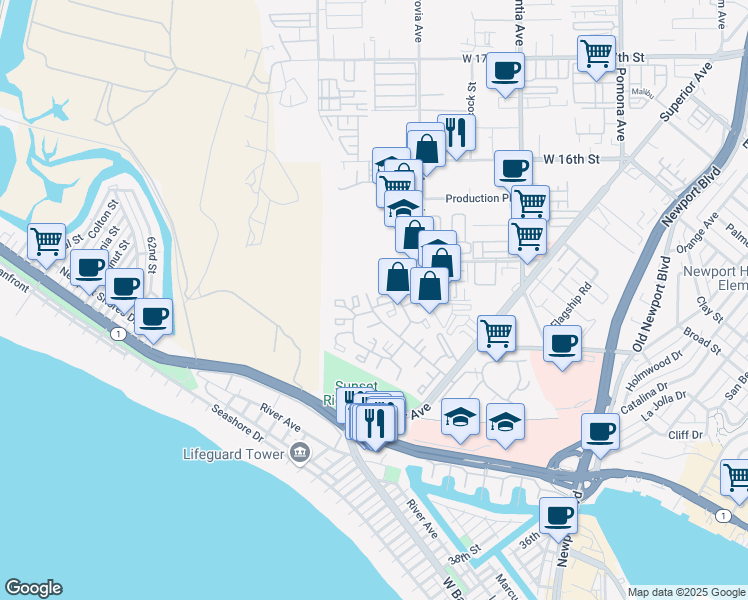 map of restaurants, bars, coffee shops, grocery stores, and more near 18 Robon Court in Newport Beach