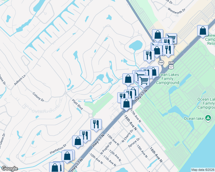 map of restaurants, bars, coffee shops, grocery stores, and more near 1703 Fawn Vista Drive North in Myrtle Beach