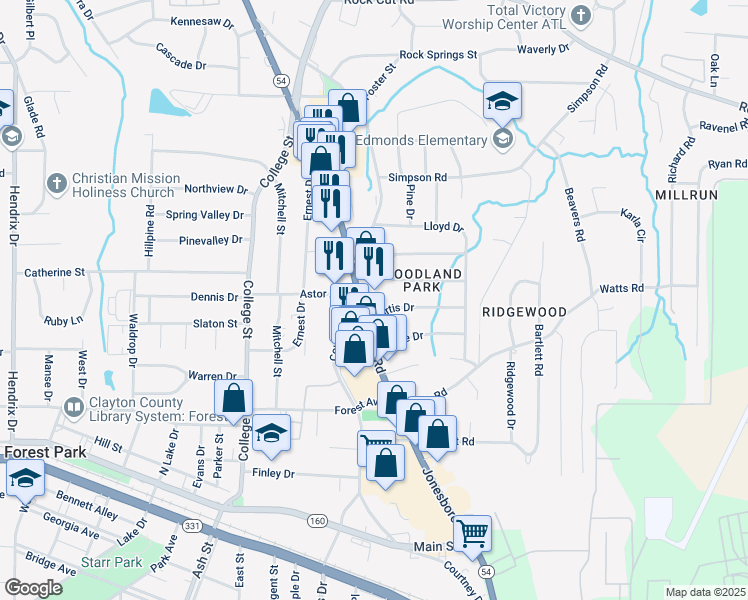 map of restaurants, bars, coffee shops, grocery stores, and more near 4652 Jonesboro Road in Forest Park