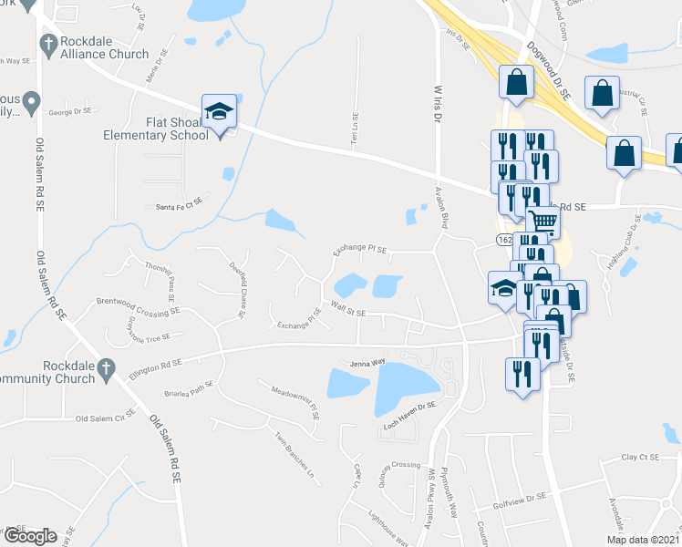 map of restaurants, bars, coffee shops, grocery stores, and more near 2242 Exchange Place Southeast in Conyers