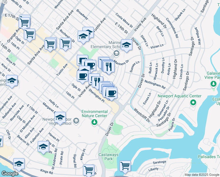 map of restaurants, bars, coffee shops, grocery stores, and more near 1050 Rutland Road in Newport Beach