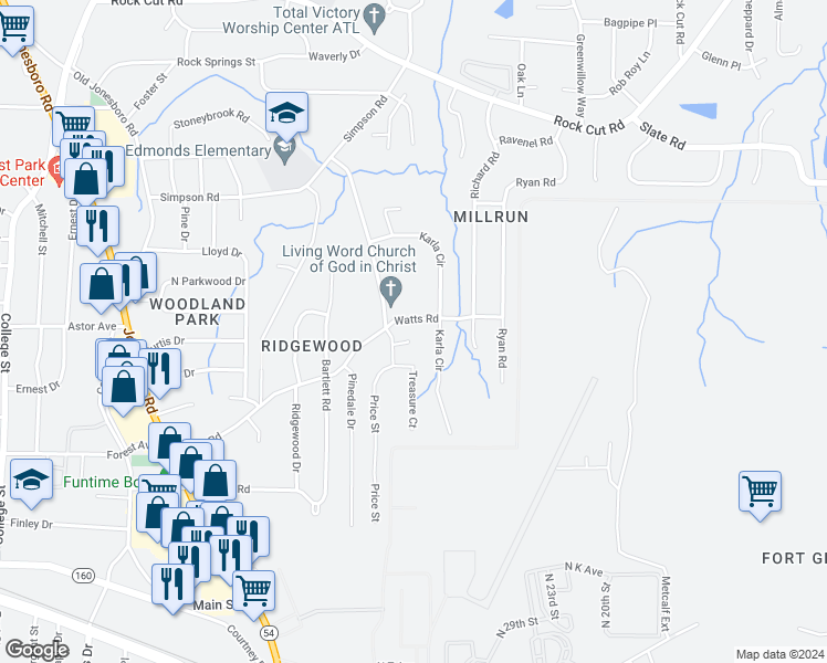map of restaurants, bars, coffee shops, grocery stores, and more near 1460 Shade Creek Tr in Forest Park