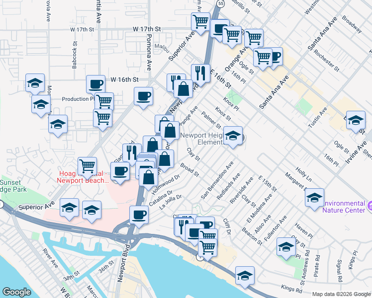 map of restaurants, bars, coffee shops, grocery stores, and more near 3209 Clay Street in Newport Beach