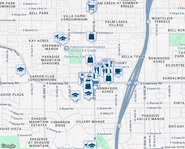 map of restaurants, bars, coffee shops, grocery stores, and more near 15420 North 32nd Street in Phoenix