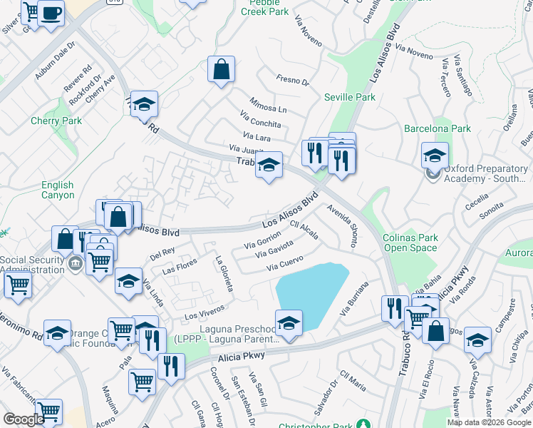 map of restaurants, bars, coffee shops, grocery stores, and more near 26517 Via Damasco in Mission Viejo