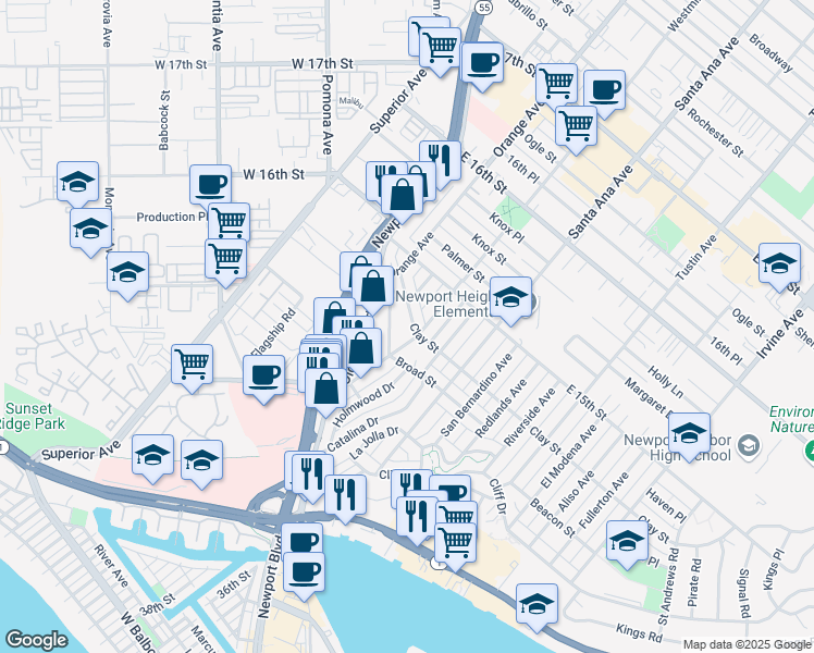 map of restaurants, bars, coffee shops, grocery stores, and more near 3209 Clay Street in Newport Beach