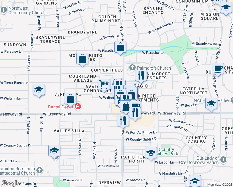 map of restaurants, bars, coffee shops, grocery stores, and more near 3318 West Waltann Lane in Phoenix