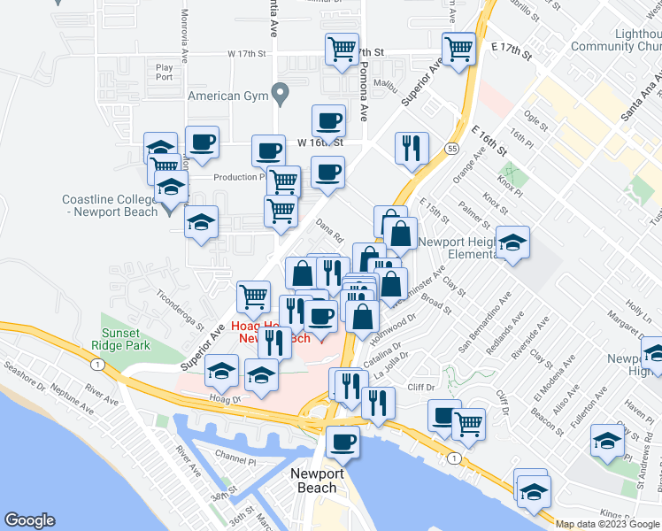 map of restaurants, bars, coffee shops, grocery stores, and more near 4151 Hilaria Way in Newport Beach