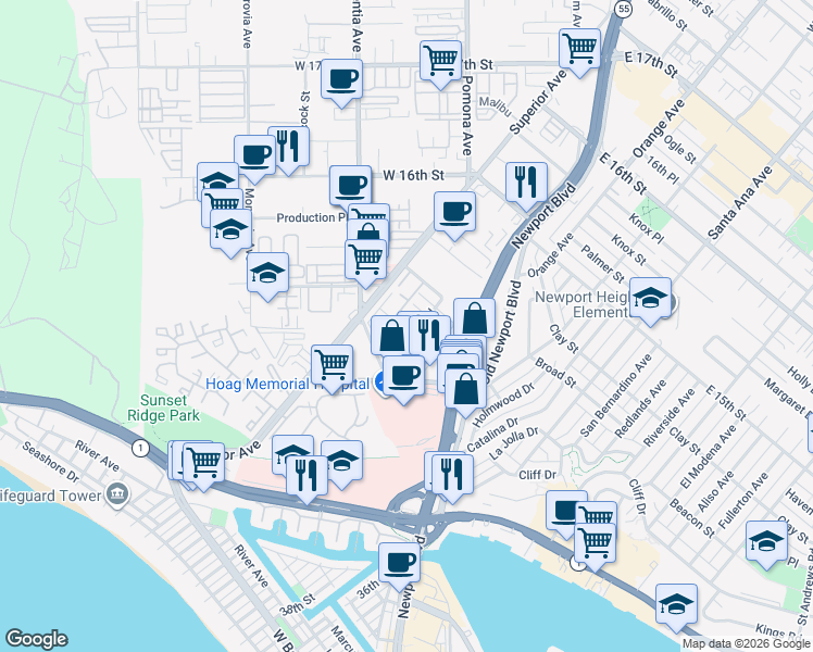 map of restaurants, bars, coffee shops, grocery stores, and more near 407 Flagship Road in Newport Beach