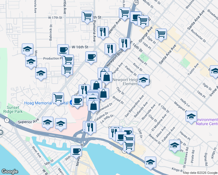 map of restaurants, bars, coffee shops, grocery stores, and more near 3207 Broad Street in Newport Beach