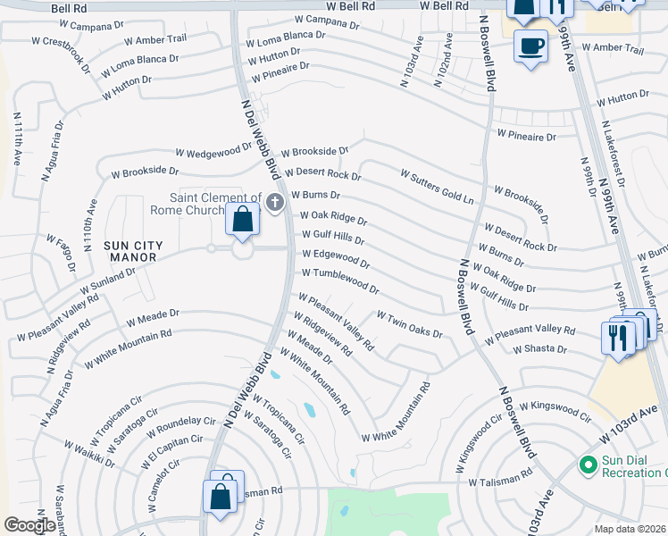 map of restaurants, bars, coffee shops, grocery stores, and more near 10609 West Tumblewood Drive in Sun City