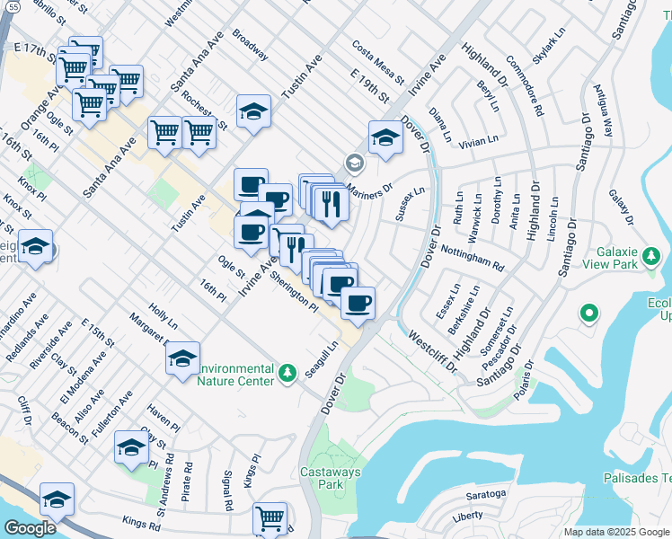 map of restaurants, bars, coffee shops, grocery stores, and more near 1050 Rutland Road in Newport Beach