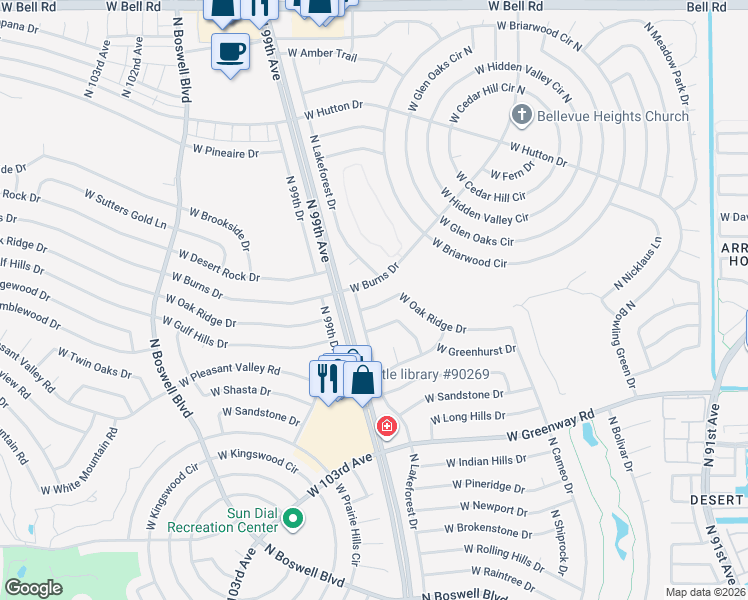 map of restaurants, bars, coffee shops, grocery stores, and more near 9810 West Oak Ridge Drive in Sun City