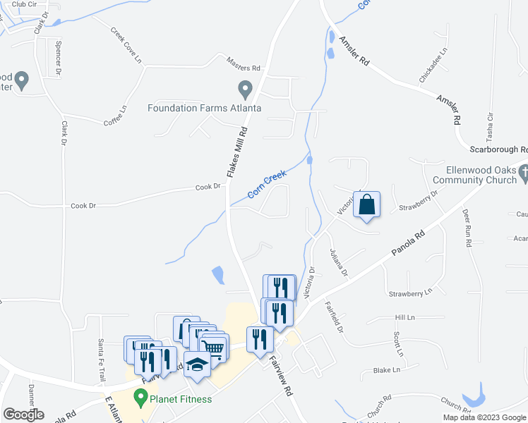map of restaurants, bars, coffee shops, grocery stores, and more near 115 Gabion Loop in Ellenwood