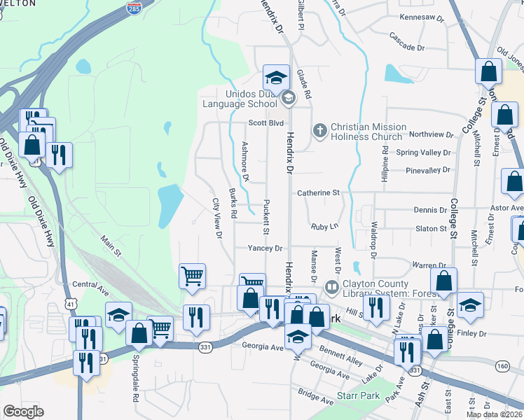 map of restaurants, bars, coffee shops, grocery stores, and more near 544 Hanes Drive in Forest Park