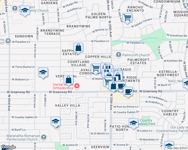 map of restaurants, bars, coffee shops, grocery stores, and more near 3601 West Tierra Buena Lane in Phoenix