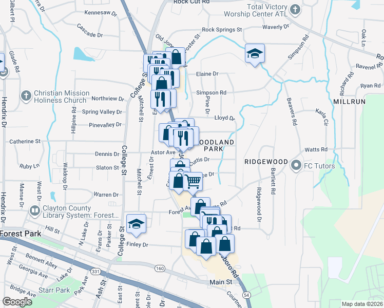 map of restaurants, bars, coffee shops, grocery stores, and more near 1095 Curtis Drive in Forest Park