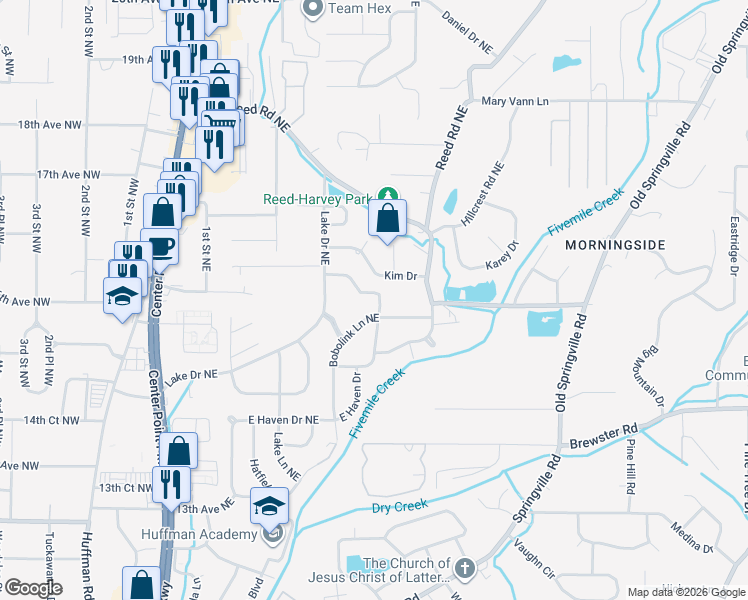 map of restaurants, bars, coffee shops, grocery stores, and more near 349 Argonne Drive Northeast in Center Point