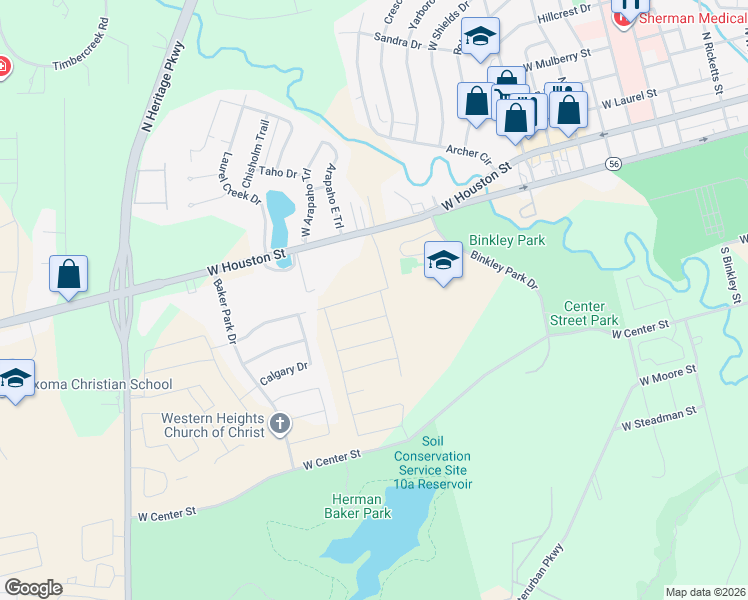 map of restaurants, bars, coffee shops, grocery stores, and more near 2310 West Houston Street in Sherman
