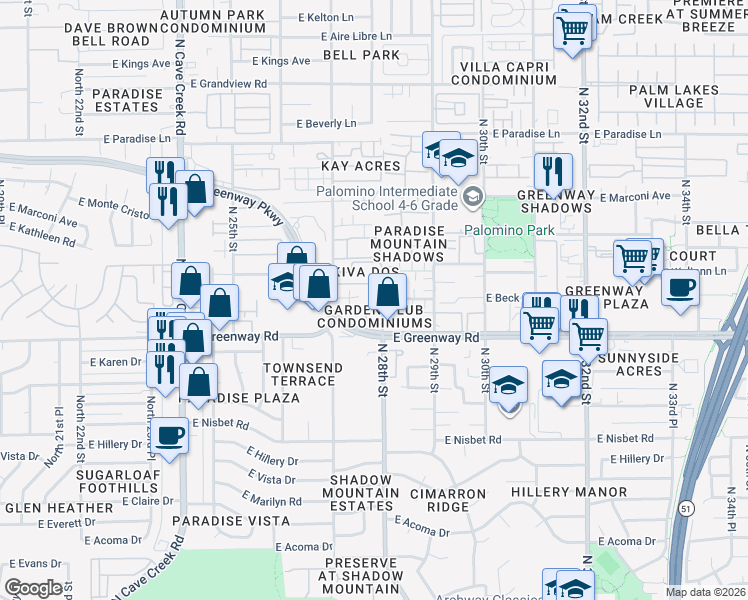 map of restaurants, bars, coffee shops, grocery stores, and more near 2725 East Beck Lane in Phoenix