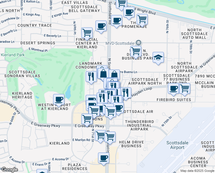 map of restaurants, bars, coffee shops, grocery stores, and more near 15444 North Scottsdale Road in Scottsdale
