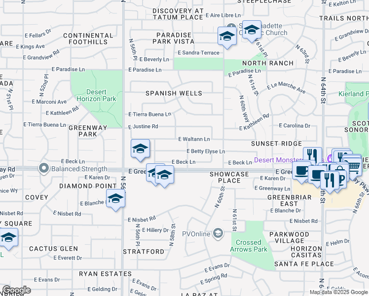 map of restaurants, bars, coffee shops, grocery stores, and more near 5801 East Betty Elyse Lane in Scottsdale