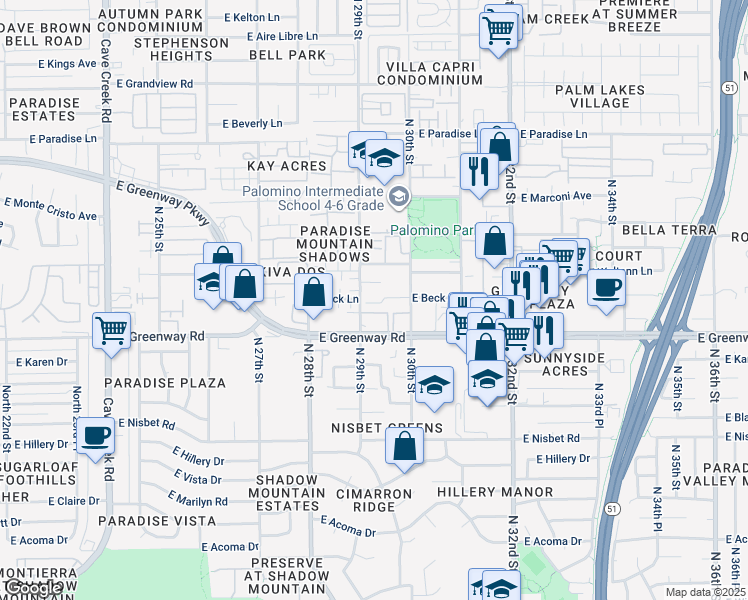 map of restaurants, bars, coffee shops, grocery stores, and more near in Phoenix