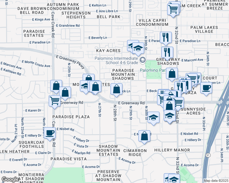 map of restaurants, bars, coffee shops, grocery stores, and more near 2822 East Greenway Road in Phoenix