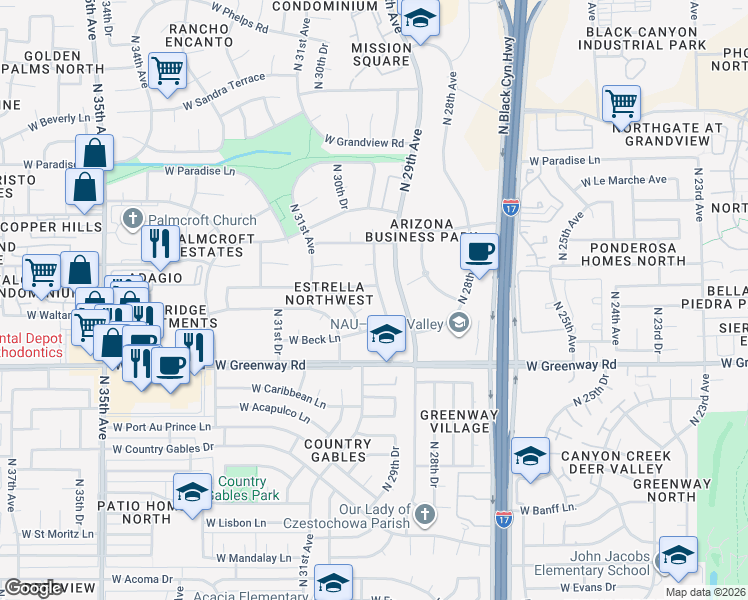 map of restaurants, bars, coffee shops, grocery stores, and more near 15448 North 30th Avenue in Phoenix