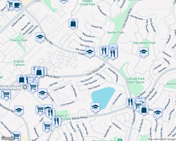 map of restaurants, bars, coffee shops, grocery stores, and more near 26428 Via Damasco in Mission Viejo