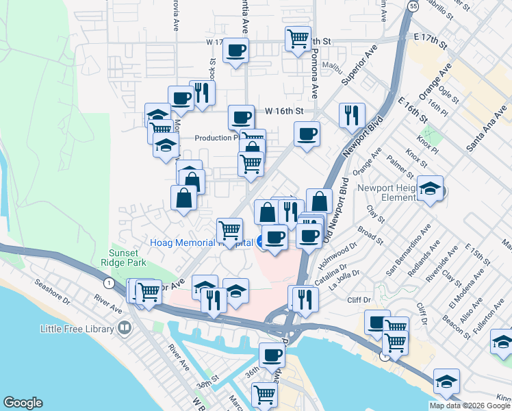 map of restaurants, bars, coffee shops, grocery stores, and more near in Newport Beach