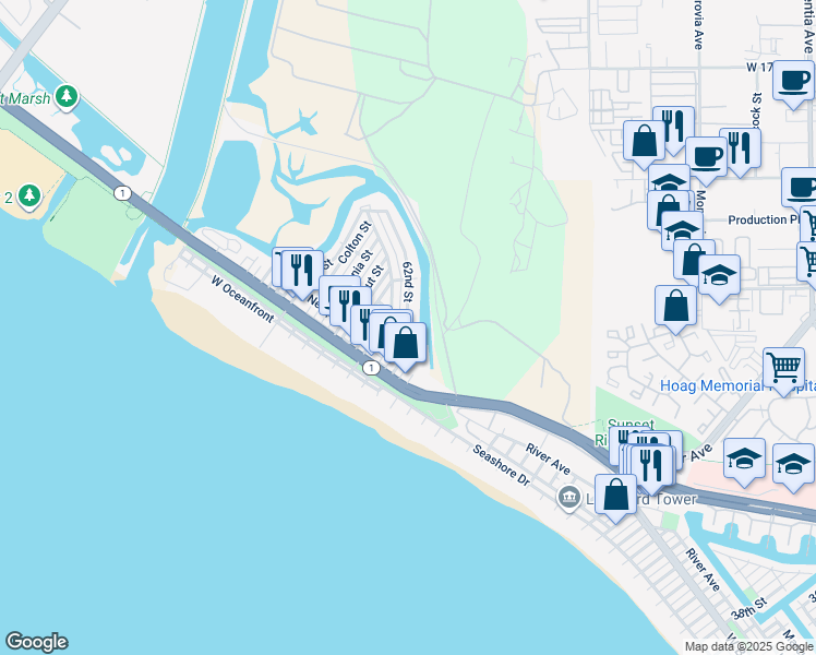 map of restaurants, bars, coffee shops, grocery stores, and more near 230 62nd Street in Newport Beach