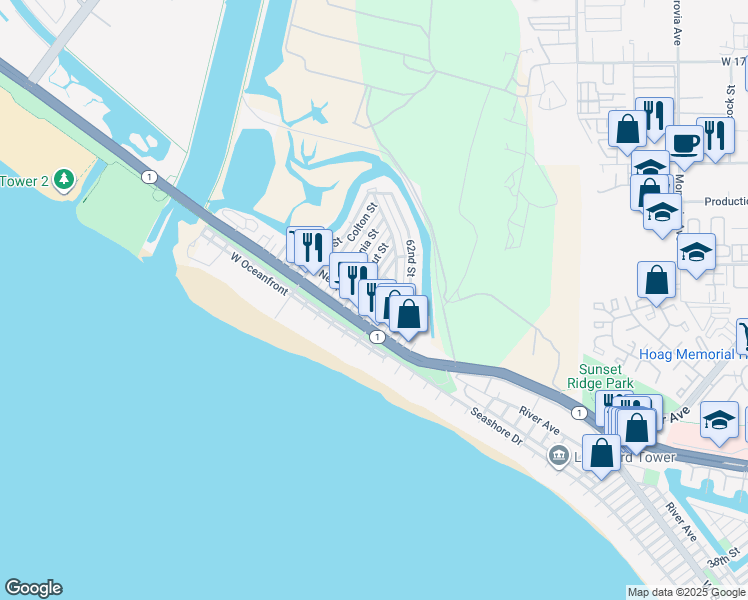map of restaurants, bars, coffee shops, grocery stores, and more near 6302 West Coast Highway in Newport Beach