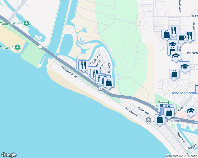 map of restaurants, bars, coffee shops, grocery stores, and more near 6302 West Coast Highway in Newport Beach