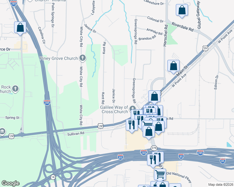 map of restaurants, bars, coffee shops, grocery stores, and more near 4725 Winthrop Drive in College Park