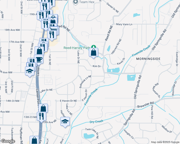 map of restaurants, bars, coffee shops, grocery stores, and more near 349 Argonne Drive Northeast in Center Point