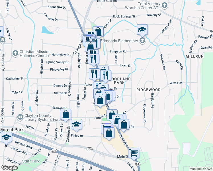 map of restaurants, bars, coffee shops, grocery stores, and more near 4601-4699 State Route 160 in Forest Park