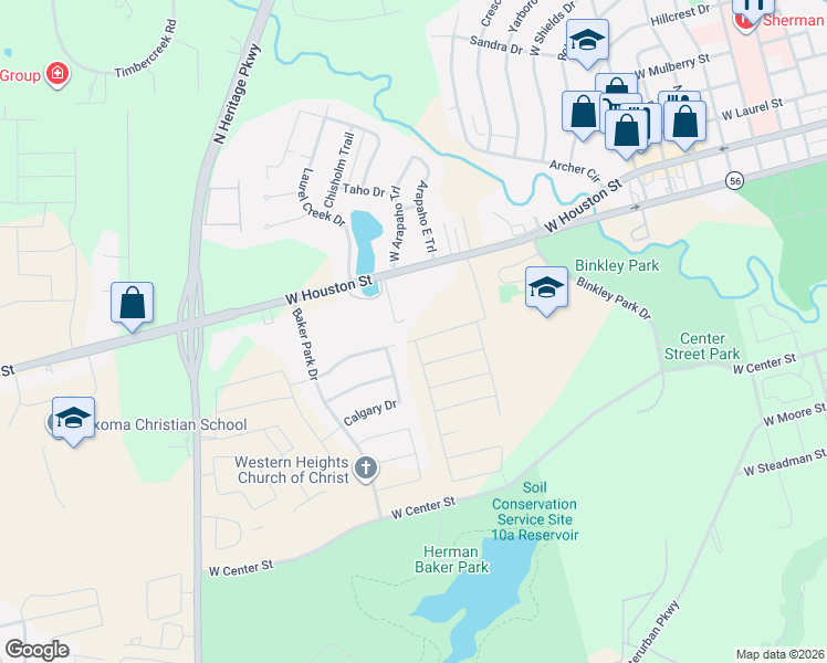 map of restaurants, bars, coffee shops, grocery stores, and more near 2310 West Houston Street in Sherman