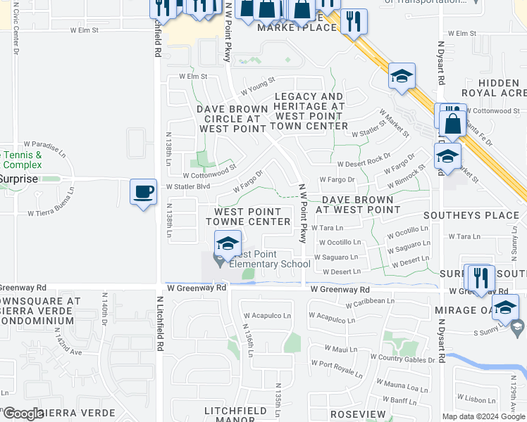 map of restaurants, bars, coffee shops, grocery stores, and more near 13601 West Ironwood Street in Surprise