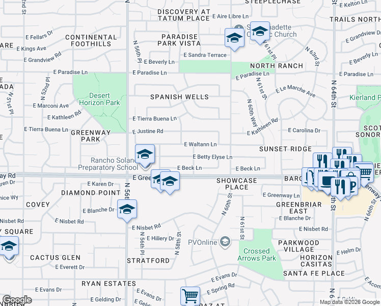 map of restaurants, bars, coffee shops, grocery stores, and more near 5801 East Betty Elyse Lane in Scottsdale