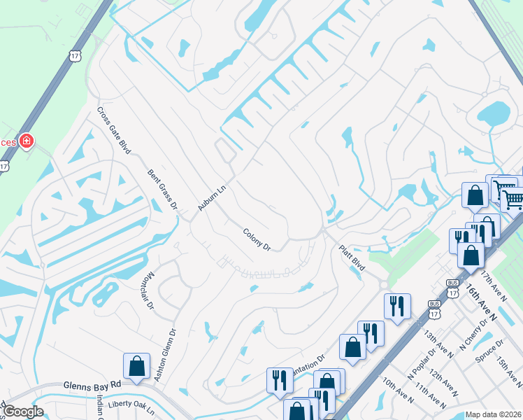 map of restaurants, bars, coffee shops, grocery stores, and more near 1831 Fairway Ridge Drive in Surfside Beach
