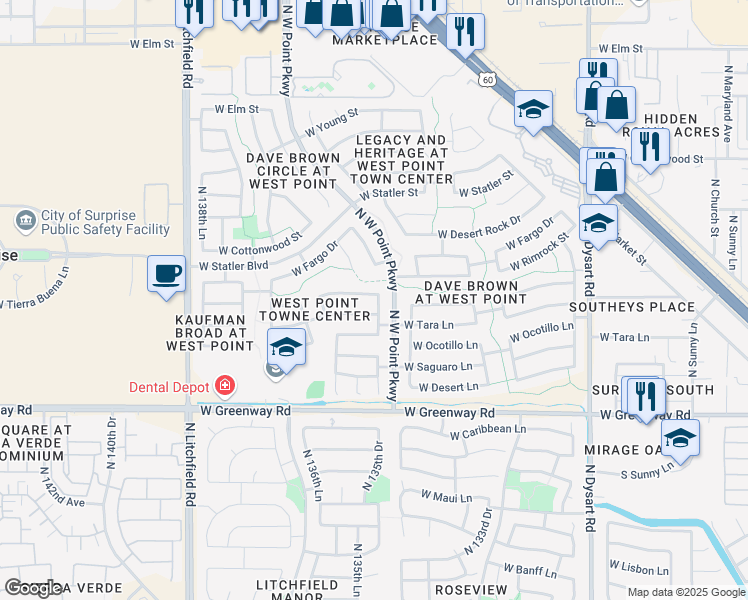 map of restaurants, bars, coffee shops, grocery stores, and more near 13537 West Ironwood Street in Surprise