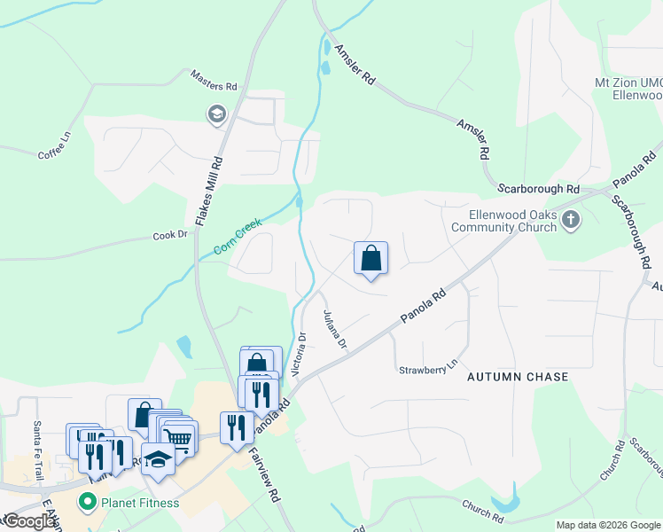 map of restaurants, bars, coffee shops, grocery stores, and more near 135 Wilhelmina Drive in Ellenwood