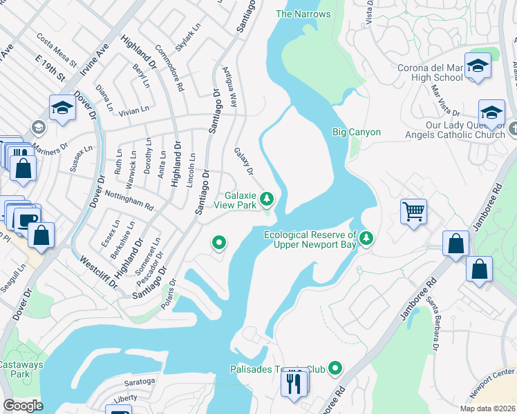 map of restaurants, bars, coffee shops, grocery stores, and more near 1399 Galaxy Drive in Newport Beach
