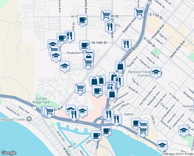 map of restaurants, bars, coffee shops, grocery stores, and more near 4210 Patrice Road in Newport Beach