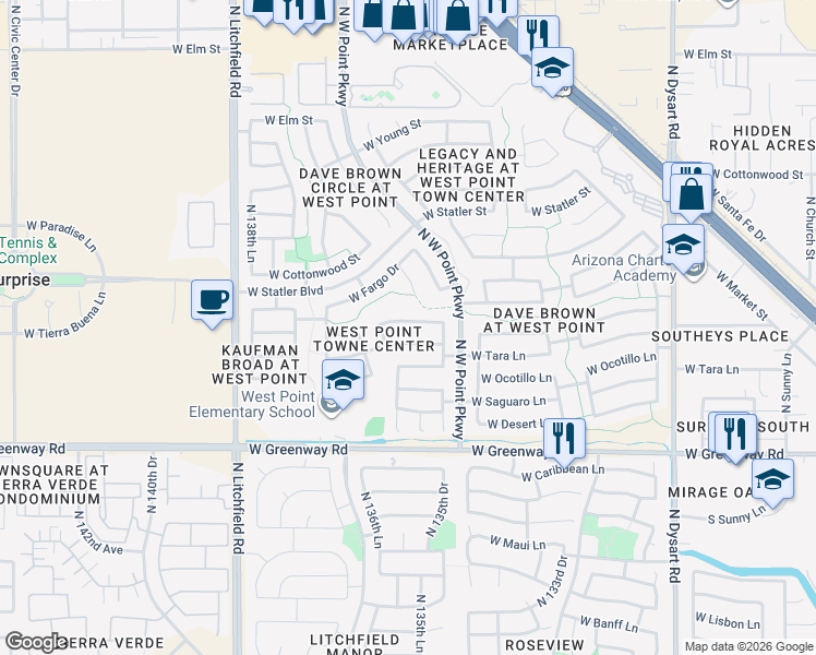 map of restaurants, bars, coffee shops, grocery stores, and more near 13603 West Tara Lane in Surprise