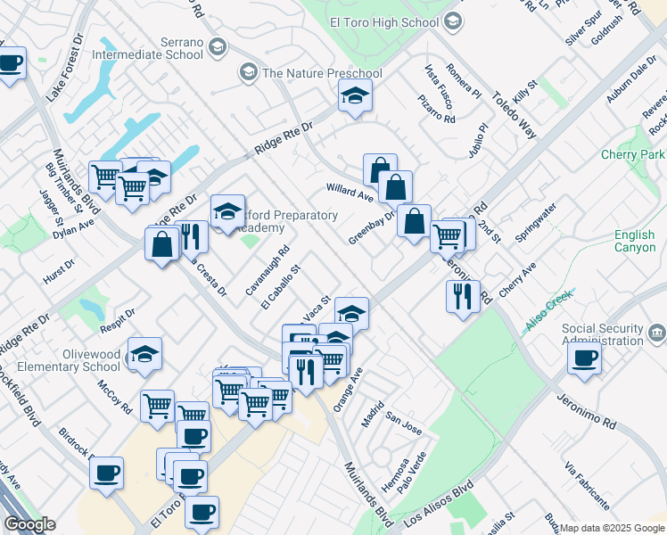 map of restaurants, bars, coffee shops, grocery stores, and more near 24841 Calle El Toro Grande in Lake Forest