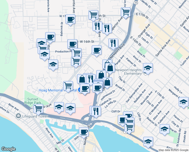 map of restaurants, bars, coffee shops, grocery stores, and more near 4114 Hilaria Way in Newport Beach
